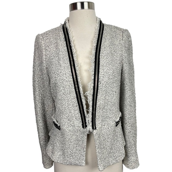 Zara Mottled White & Black Tweed Raw Frayed Hem & Chain Trimmed Peplum Blazer - Picture 1 of 14